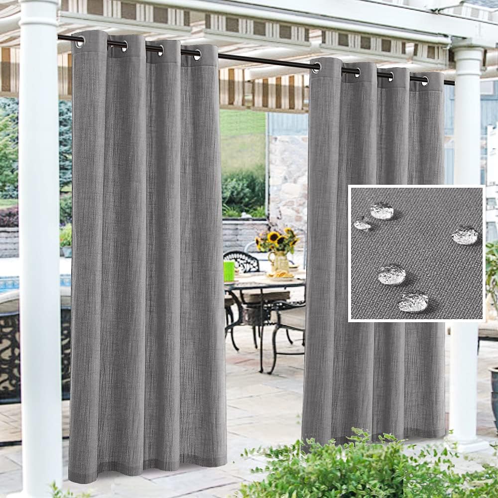 Outdoor Curtains - H.VERSAILTEX Waterproof Linen Look Outdoor Curtains for Patio, Premium Thick Privacy Weatherproof Grommet Outside Curtains for Porch, Pergola, Cabana, 1 Panel, 84L x 52W inch, Grey