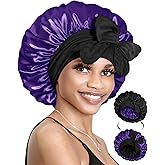 BONNET QUEEN Silk Bonnet for Sleeping Satin Bonnet with Tie Hair Wrap Double Layer Sleep Cap for Women Curly Hair, Black Purple