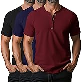 Ficerd 3 Pack Men's Henley T-Shirts Cotton Short Sleeve Casual Basic Tees Summer Loose Fit Oversized Solid Tops