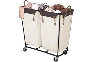 StorageWorks 280L Large Lanudry Hamper with Wheels, Laundry Basket with Wheels 2 Sections, Clothes Sorter Cart with Divider for Hotel, Home, Beige, 1-Pack