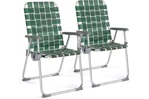VINGLI Folding Aluminum Webbed Lawn Chairs with Detachable Cup Holder, High Beach Chair for Adults Heavy Duty, Portable Patio Chair, Camping Chair for Yard, Garden, 2 Pack