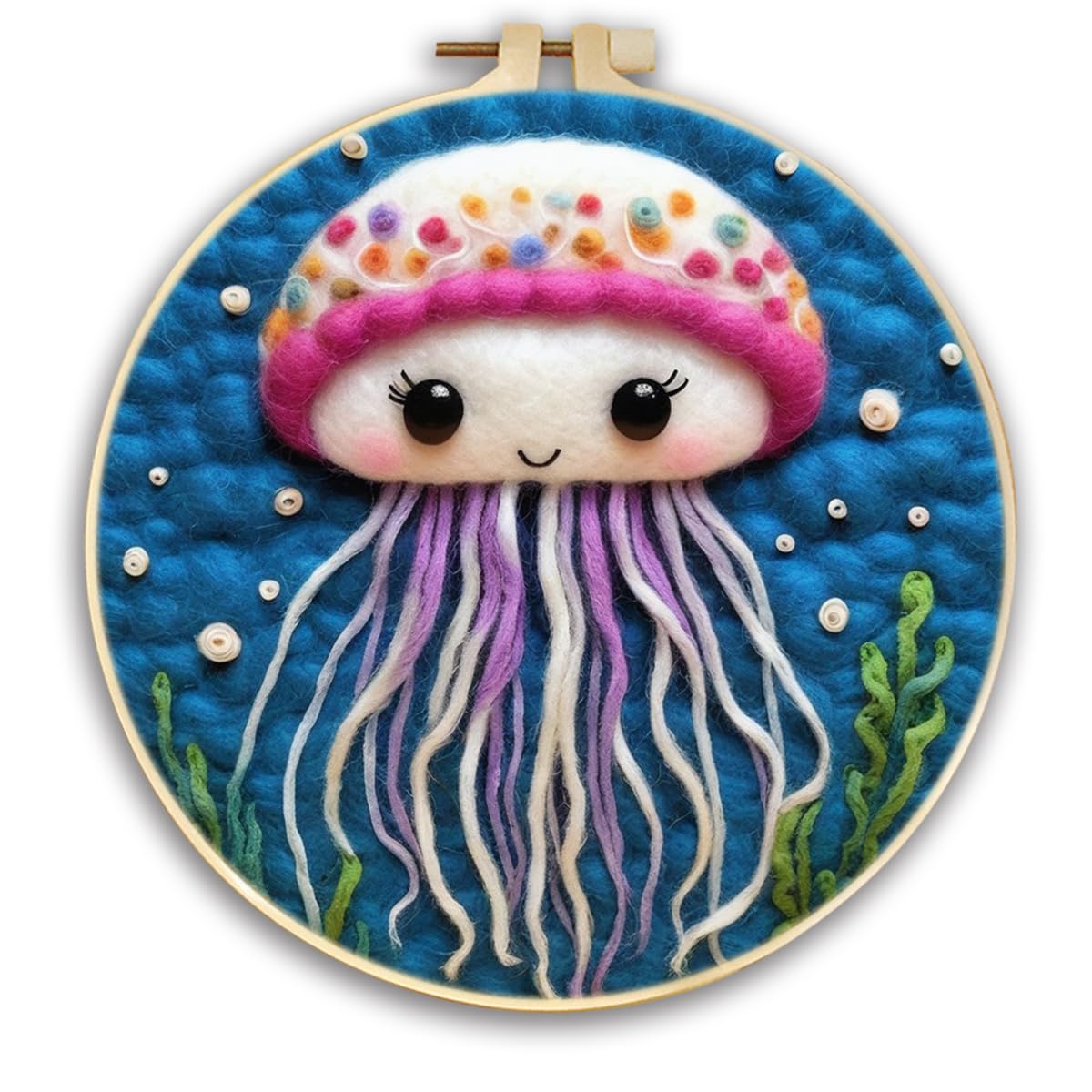 CaptainCrafts DIY Needle Felting Starter Kit, Wool Felt Supplies, Embroidery Hoops, Wool Painting Tools for Home Decor, Beginners and Adults (Adorable Jellyfish)