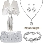 SAISI 6 Pieces Silver Shawls and Wraps Evening Handbags Rhinestone Jewelry Sets for Women Evening Dresses Bridal Weddings