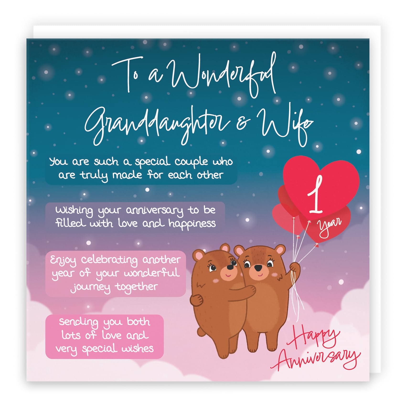 Hunts England - Granddaughter And Wife 1st Anniversary Card - Starry Night - Cute Bears - Verse 1st Anniversary Card For Granddaughter And Wife - Cute Poem Anniversary Card