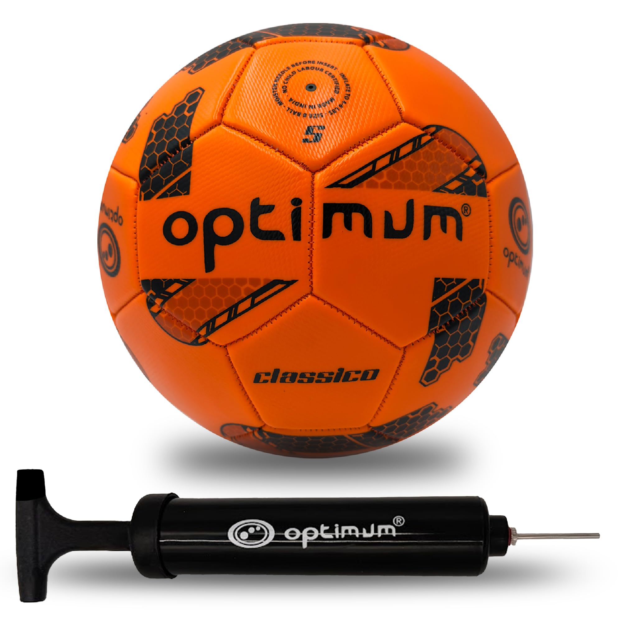 Optimum Sport Classico Football for Indoor/Outdoor Training & Matches, Durable Valve for Consistent Flight, Precision Control & Lasting Air Retention – Size 4, Ball Pump Included, Orange