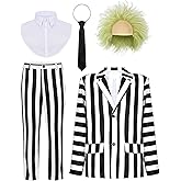 WATCPNO Halloween Costumes for Men Scary Black and White Stripe Suit with Wig
