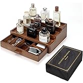 BRITEREE Cologne Organizer for Men, 3 Tier Wooden Cologne Stand with Drawer Storage and Hidden Compartment, Perfume Display Holder for Dresser, Great Gifts for Men and Women Valentine, Brown