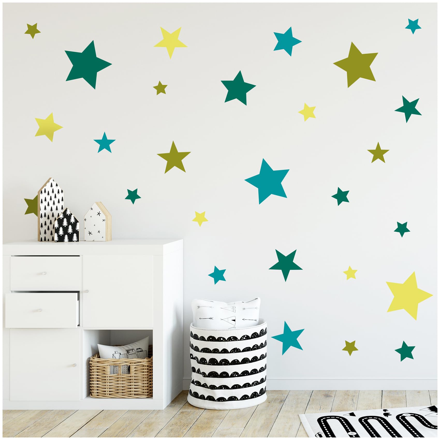 yabaduu Y050-1 120 Star Stickers in Set on 4 DIN A4 Sheets Pastel Sticker Wall Stickers 9-2 cm Each Star Wall Sticker Decoration for Children's Room Baby Room for Boys Girls (Green Blue Yellow)