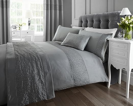 Double Size Duvet Sets Silver Grey Sequin Faux Silk Quilt
