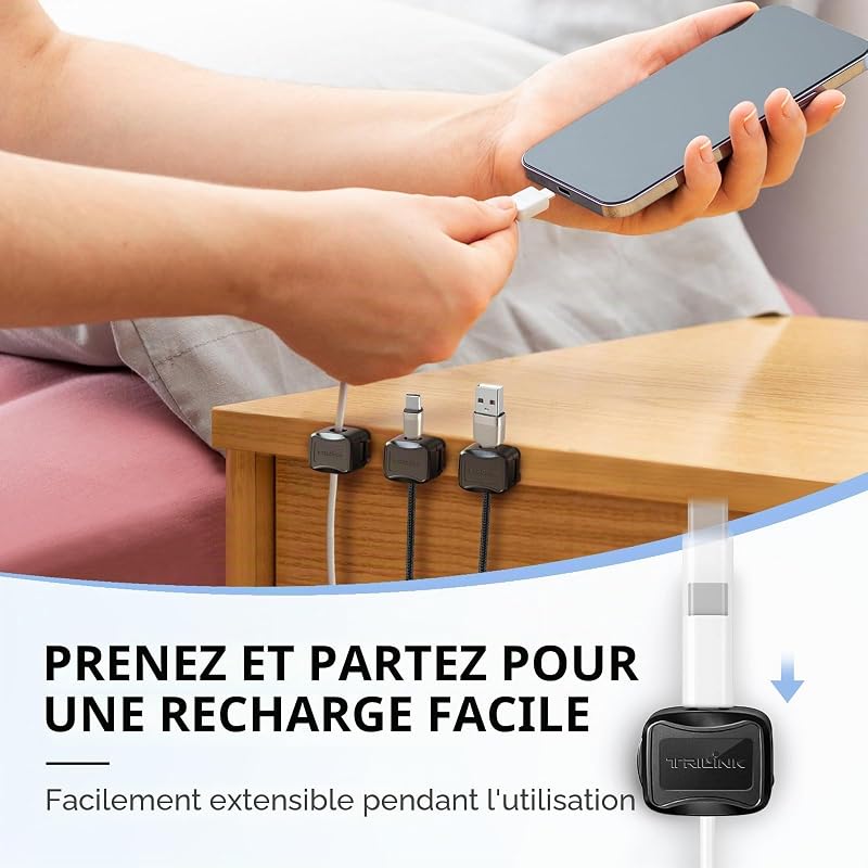 6 Pcs clips câble magnétiques avec 6 ventouses en silicone pour cable management | Support et organisateur de câbles, accroche câble adhésif pour la maison, le bureau, la voiture, et la table de nuit