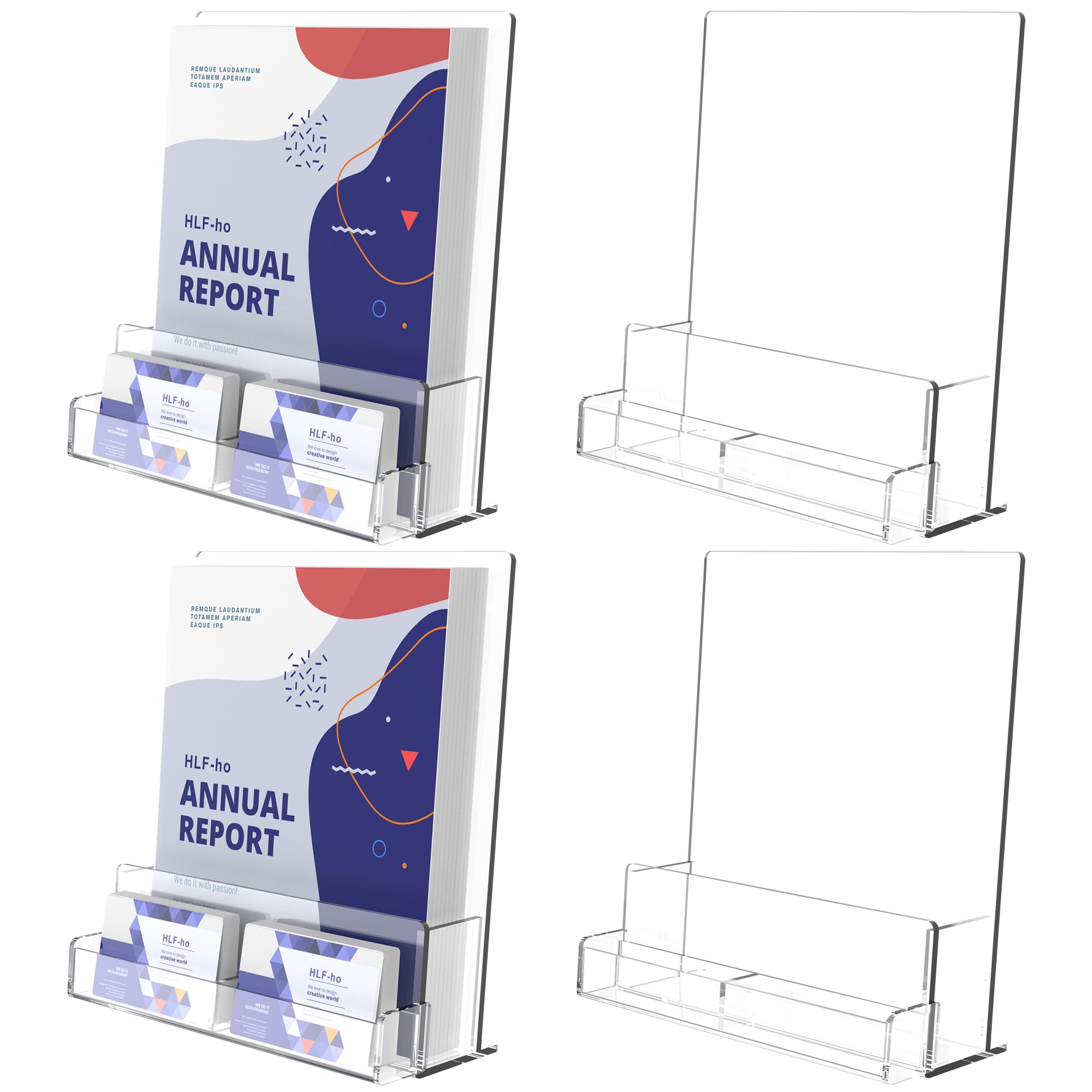 Photo 1 of HLF-ho Brochure Holder 8.5x11 Inch Acrylic Literature Holders Clear Plastic Flyer Display Stand with Removable Business Card Organizer for Pamphlets, Booklets, Magazines, Menus for Office, 4 Pack