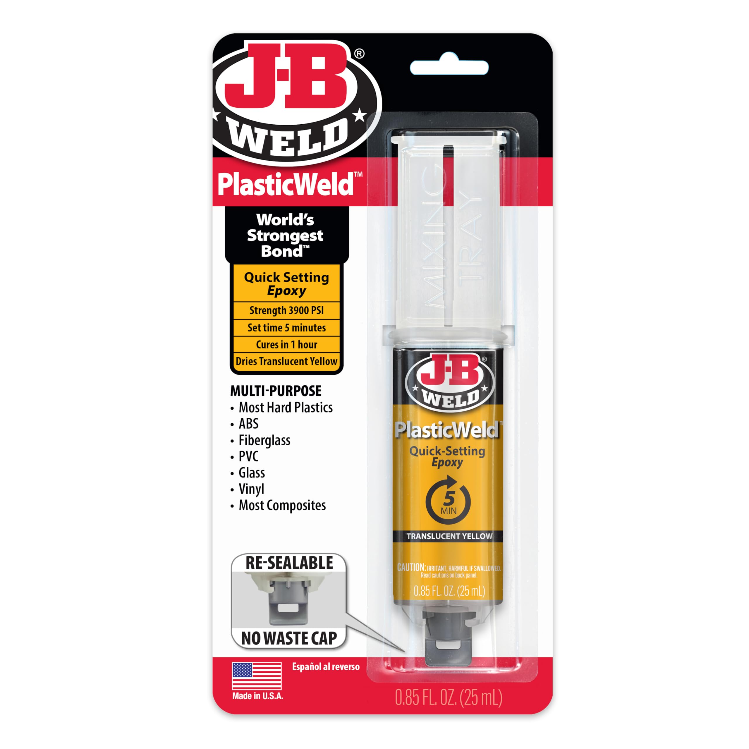 J-B Weld 50132 PlasticWeld Quick-Setting Epoxy Syringe - Translucent Yellow - 25 ml