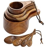 Wooden Measuring Cups and Spoons Set - Eco-Friendly Solid Acacia Wood, Laser Engraved Measurements, Perfect for Baking & Cooking - Ideal for Bakers, Chefs & Home Cooks（brown）