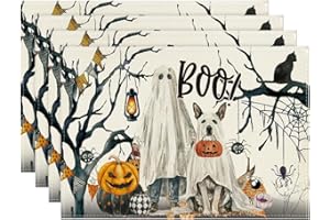 Artoid Mode Ghost Pumpkins Tree Dog Boo Halloween Placemats Set of 4, 12x18 Inch Seasonal Fall Holiday Table Mats for Party Kitchen Dining Decoration