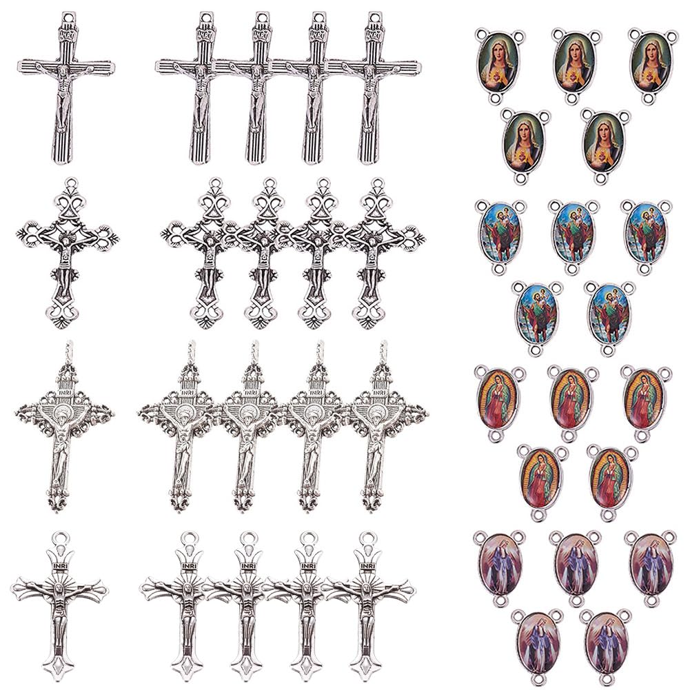 SUNNYCLUE 40PCS Easter Charms Cross and Center Miraculous Medal with Alloy Crucifix Cross Crucifix Pendants and Oval Chandelier Links for Beads Necklace Jewellery Making Supplies