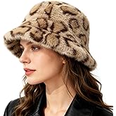 Faux Fur Fuzzy Winter Hats for Women, Warm Furry Brown Leopard Cheetah Bucket Hats for Men Women, Soft Cozy Winter Hat