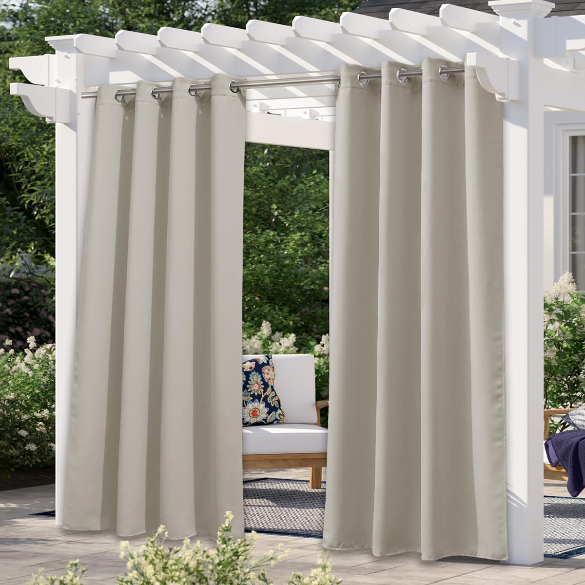 Photo 1 of NICETOWN Patio Curtains for Outdoor Waterproof, Machine Washable Rustproof Grommet Thermal Insulated Room Darkening Outdoor Drapes Privacy for Balcony, W52 x L108, Natural, 1 Panel