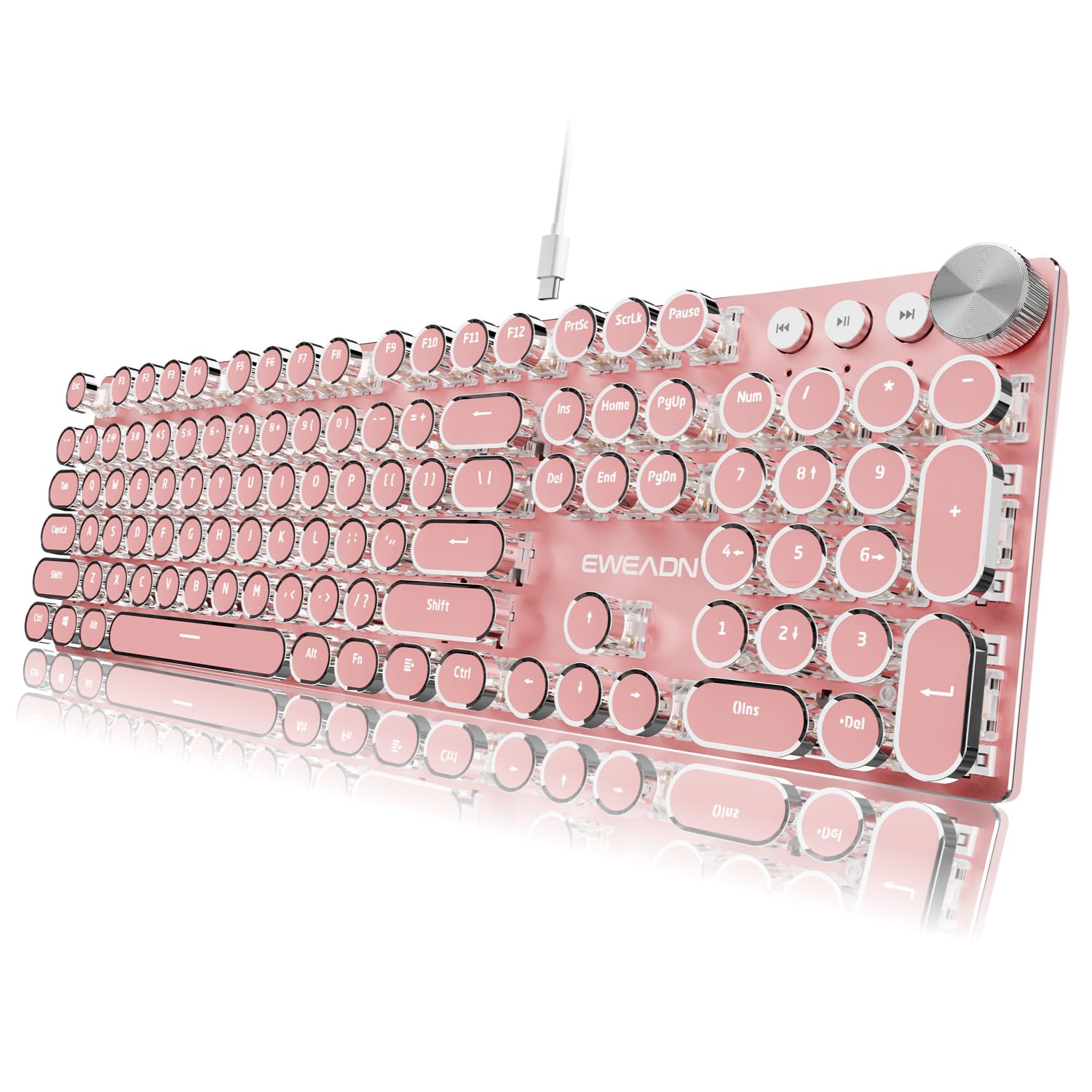 Photo 1 of EWEADN Typewriter Style Mechanical Keyboard, Wired Typewriter Keyboards,104 Keys Backlit LED Metal Keyboards, Media Control Knob, Wired Computer Keyboard White Switch for Windows/Mac/PC-Dark Pink