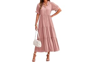 dowerme Women's Summer Dresses 2025 Casual Short Sleeve Button Loose Fit Pleated Boho Flowy Swing Long Beach Sun Dress