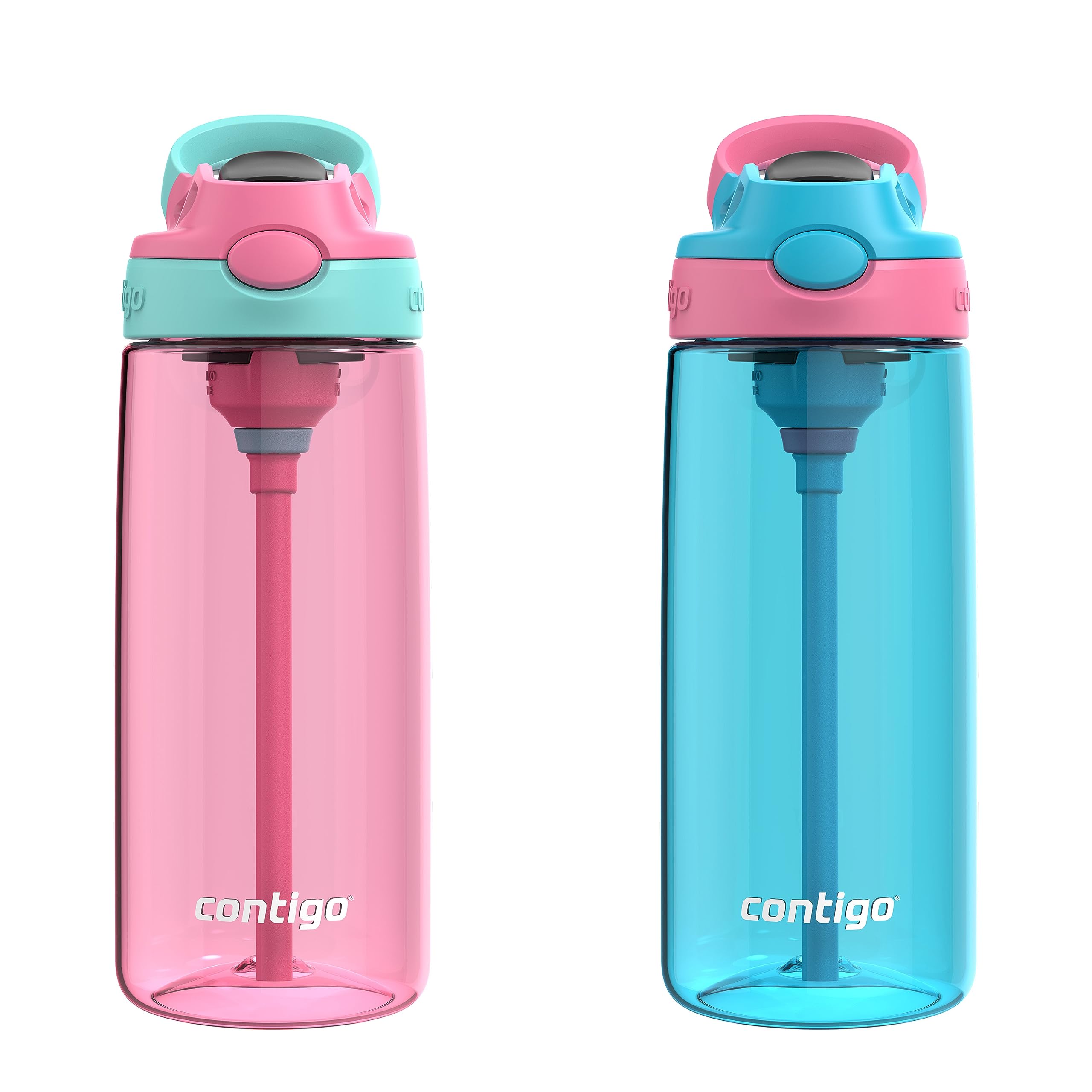 Photo 1 of Contigo Aubrey Kids BPA-Free Water Bottle with Silicone Straw, Spill-Proof Lid, Dishwasher Safe, 20oz 2-Pack, Suitable for 3+ Years, Azalea/Jade & Blue Raspberry/Azalea