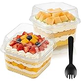 Slomg 200 Pack 8 oz Plastic Dessert Cups with Lids and Forks, Disposable Cupcake Ice Cream Bowls Tiramisu Containers for Yogurt Trifle Candy, Clear Square Parfait Fruit Cups for Appetizer Snack Salad