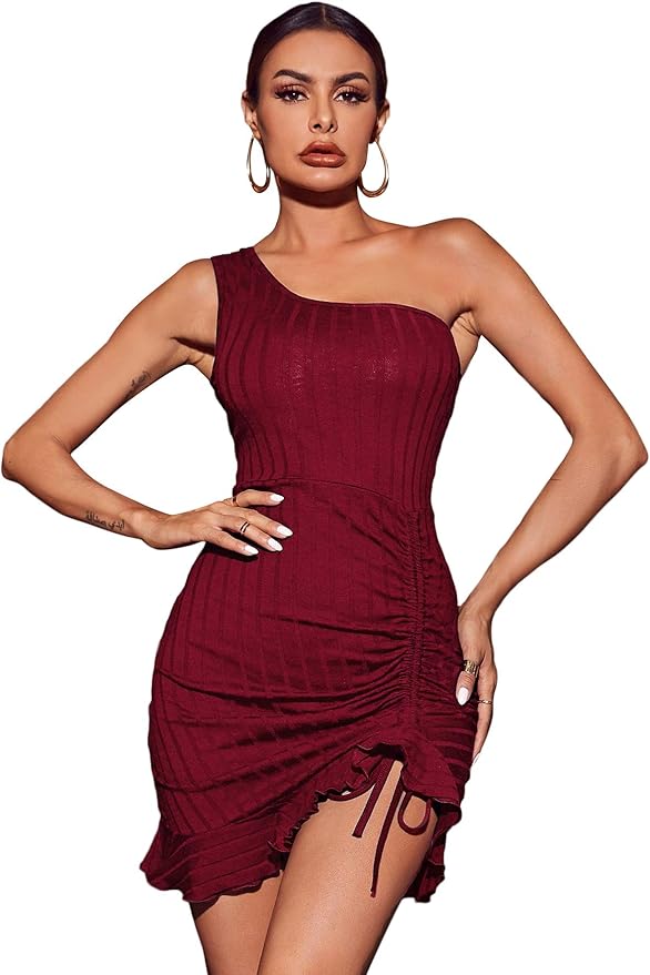 SheIn Vestido corto sin mangas con un hombro fruncido y cordón para