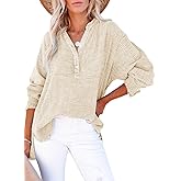 Dokotoo Womens Casual Button V Neck Long Sleeve Shirts Oversized Solid Blouses Tops