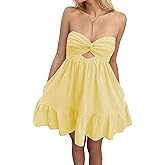 Meladyan Women’s Twist Knot Bandeau Tube Dress Solid Strapless Backless Mini Dresses Summer Hollow Ruffle Beach Dress