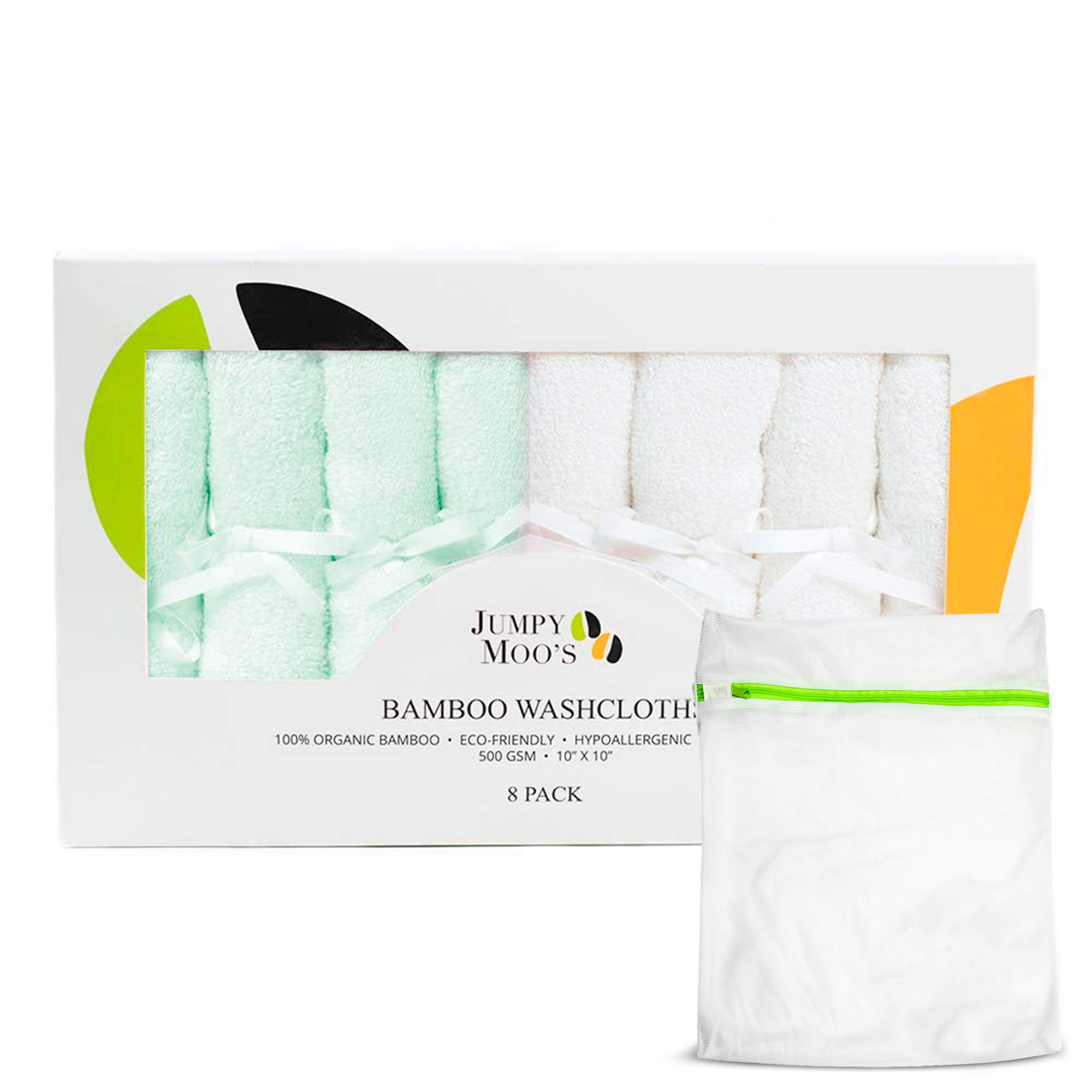 JM Bamboo Washcloths - 100% Bamboo, Ultra Thick 500gsm, 10x10 Inches, Baby Face Cloth, Flannels Face Cloth Pack 8, Gentle on Delicate Skin, Guards Against Irritations, Giftbox & Laundry Bag