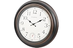 CROSSTIME Large Outdoor Clock Waterproof 18" - Retro Indoor Outdoor Wall Clocks with Thermometer for Patio Pool Garden Living Room Decor,Bronze