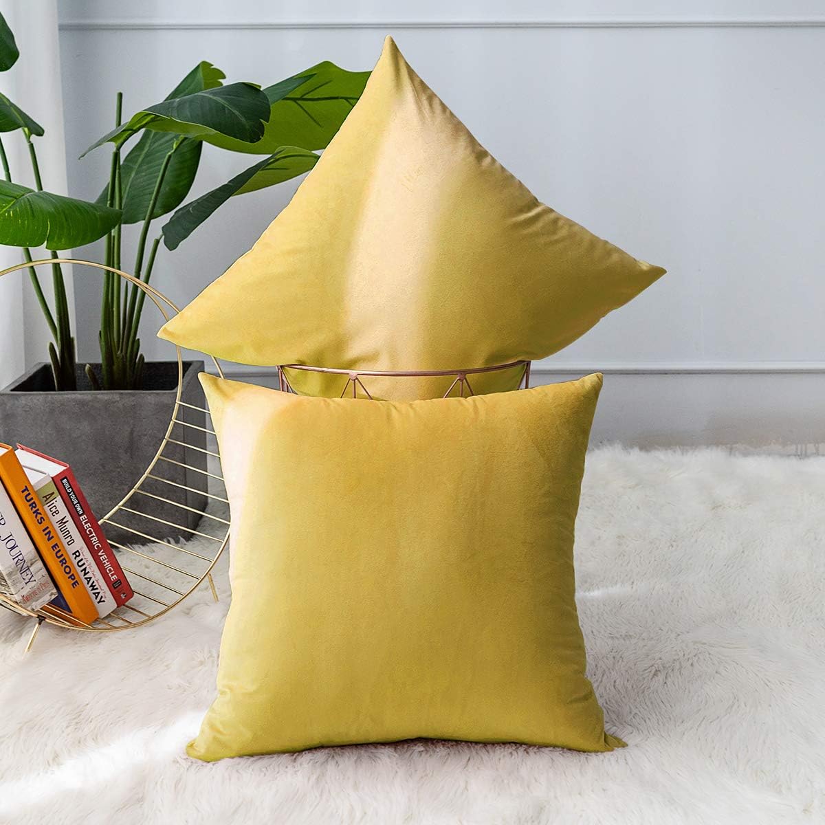 MUDILY Pack of 2 Velvet Soft Decorative Square Throw Pillow Covers Cushion Case Pillowcases for Sofa Chair Bedroom Car Lemon Yellow 16 x 16 Inch 40 x 40 cm