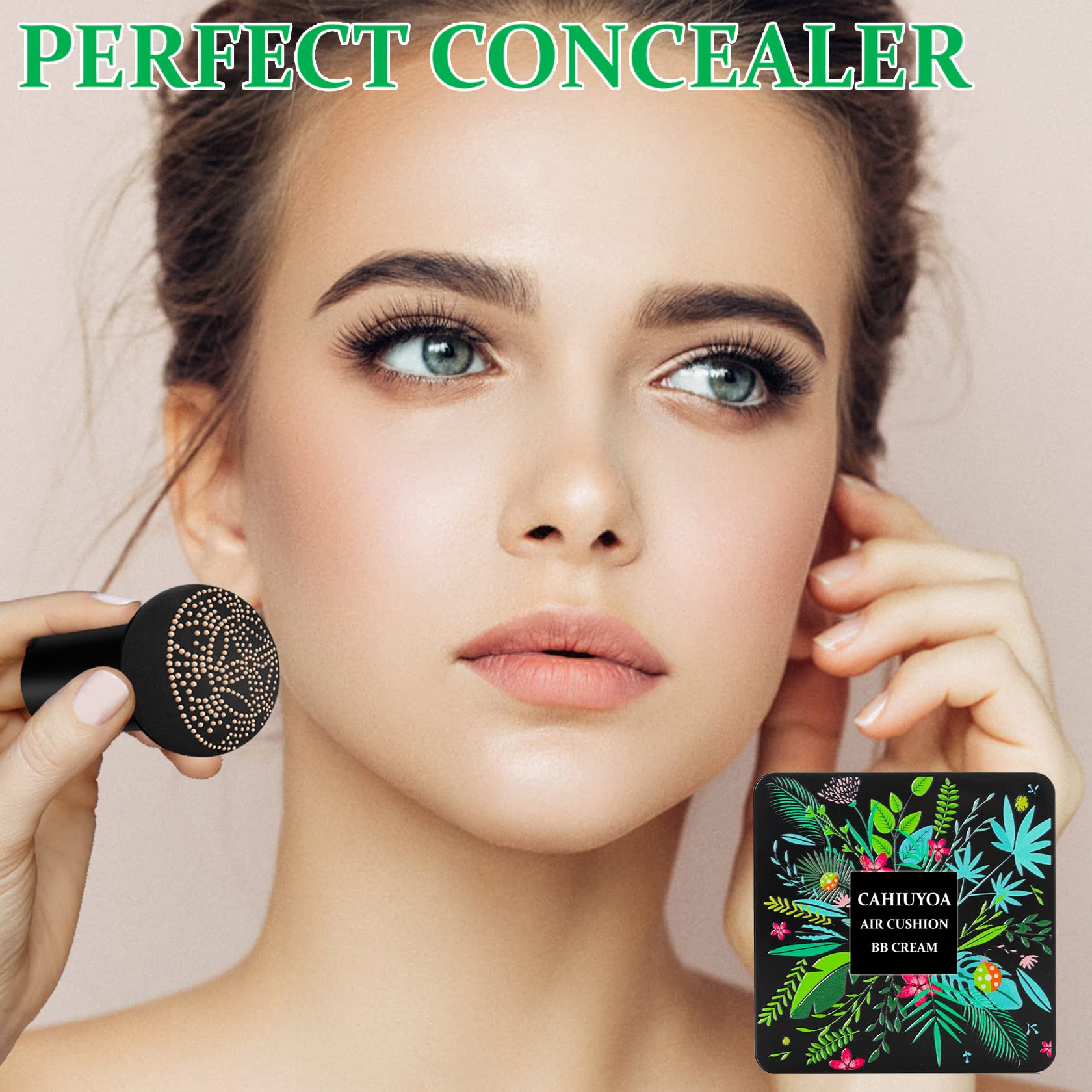 1PCS Mushroom Head Air Cushion CC Cream,CAHIUYOA BB Cream Foundation Full Coverage Concealer Long Lasting Liquid Matte Makeup Foundation with Mushroom Makeup Sponge-Natural