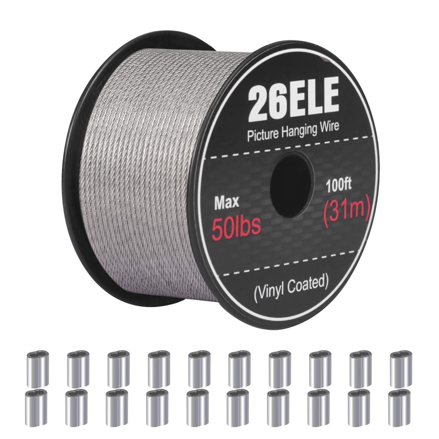 Photo 1 of 26ELE Picture Hanging Wire - 50lb Heavy Duty Stainless Steel Wire Rope for Hanging Picture Frame, Mirror & Wall Art - 100Feet with 20PCS Aluminum Crimping Sleeves