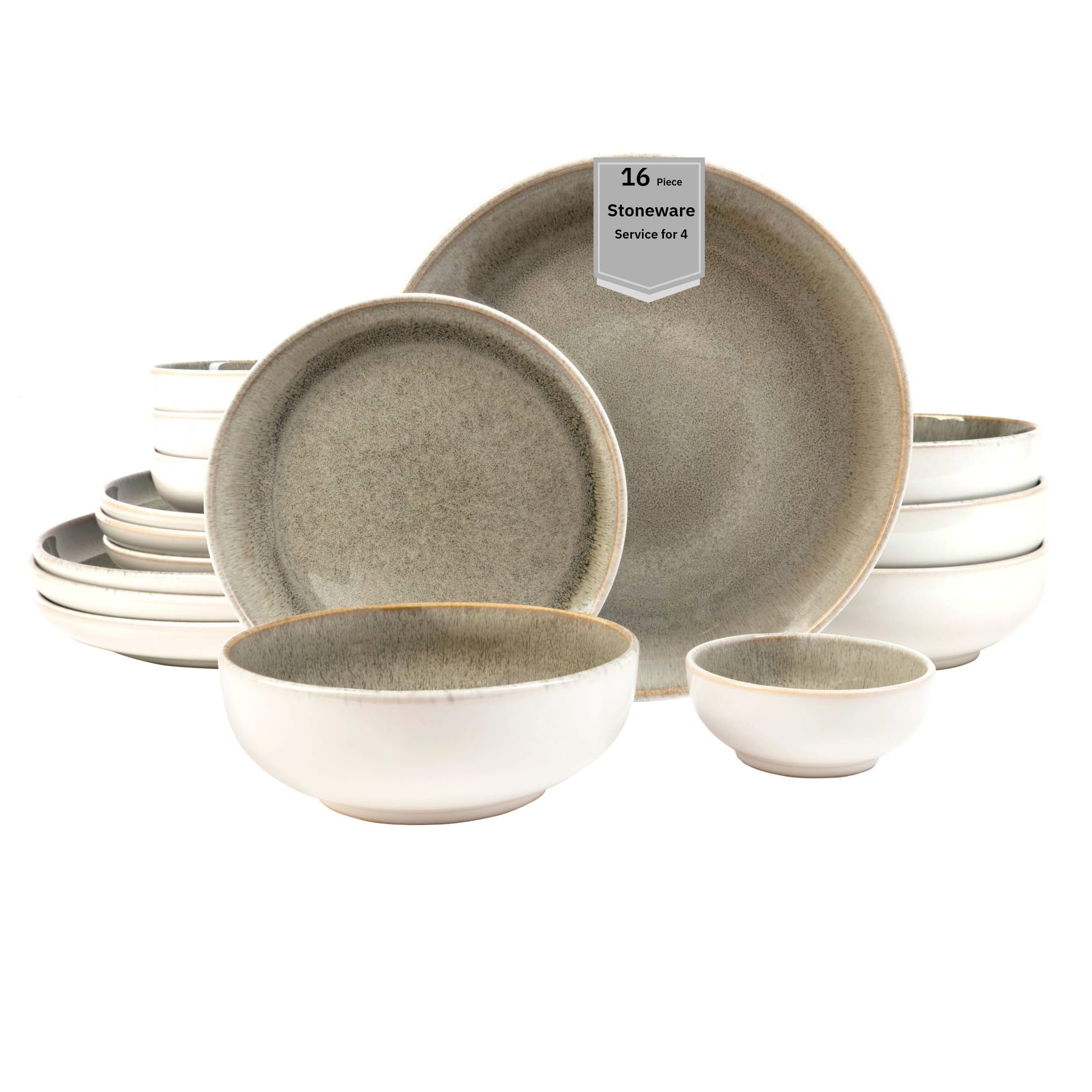 Photo 1 of Sango 16-Piece Stoneware Dinnerware Set for 4, Glossy Cream/Green Plates and Bowls Sets with Reactive Glaze, Ceramic Dish Set, Modern Dishes for Everyday Use, Microwave & Dishwasher Safe, Resona Moss
