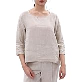 Amazhiyu Women's Linen 3/4 Sleeve Blouse Crew Neck Summer Casual Tops Loose Fit