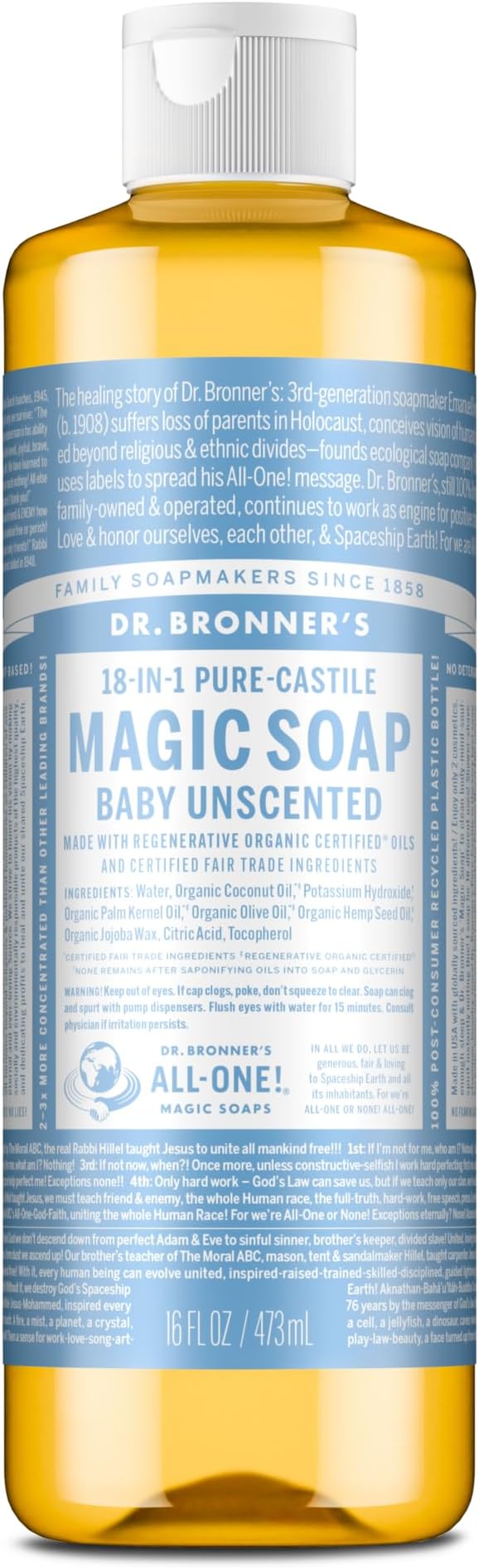 Dr. Bronner's Baby Unscented Castile Liquid Soap 473ml Organic Oils