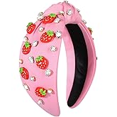 MOLOCH Strawberry Headband for Women Summer Fruit Headband Tropical Pink Strawberry Knotted Hairband Jeweled Crystal Top Knot Hairband Summer Beach Hair Accessories Headwear