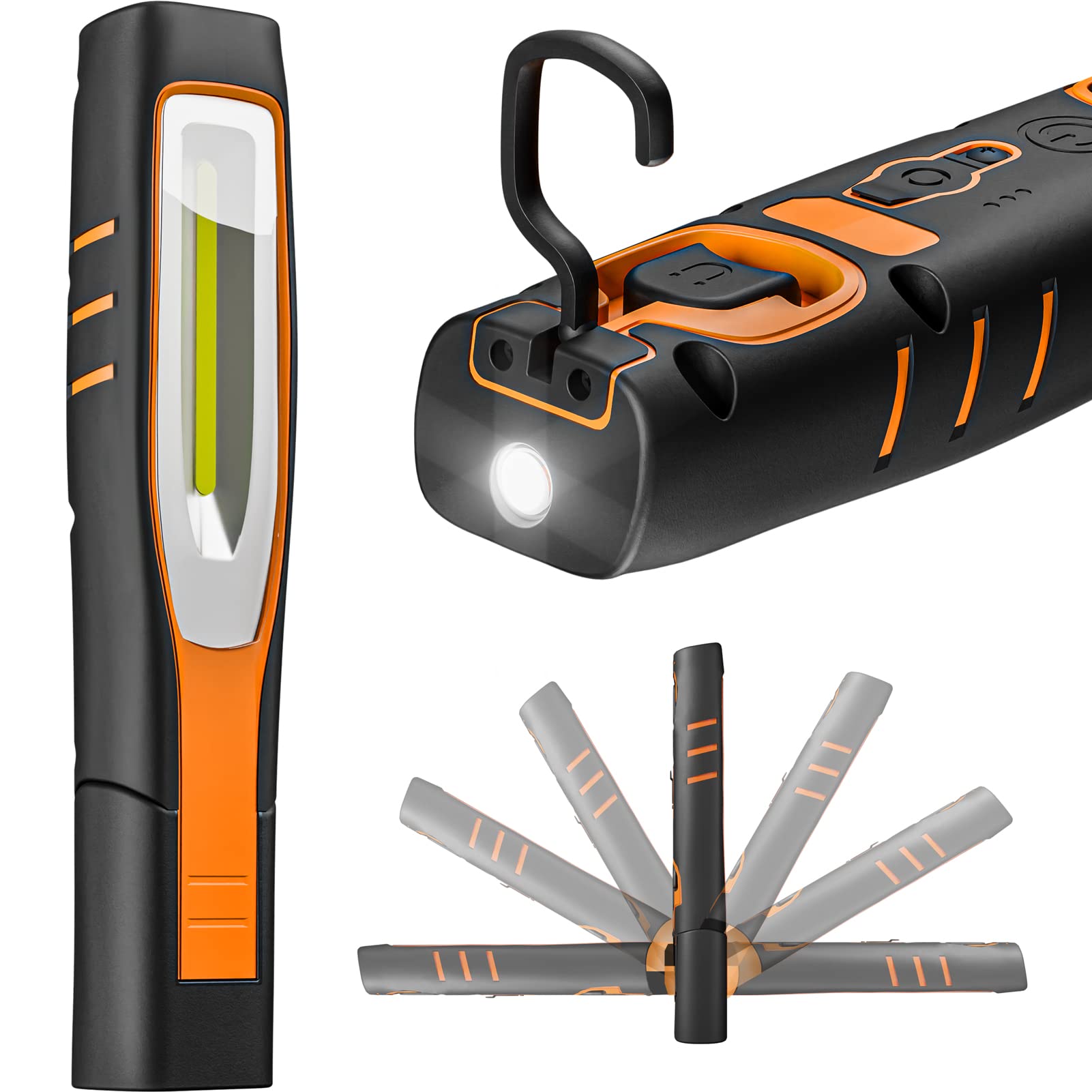 ENUOTEK Rechargeable COB LED Work Light, Magnetic LED Mechanics Inspection Torch Lamp, Dimmable Flashlight 7W COB and Top 4W, Magnetic Base and Dual Hooks, IP65 Essential Work Job Tool