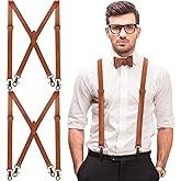 Silicherry Mens Suspenders Brown Leather Suspenders Adjustable X Back Strap with Swivel Hooks for Jeans Wedding Groomsmen