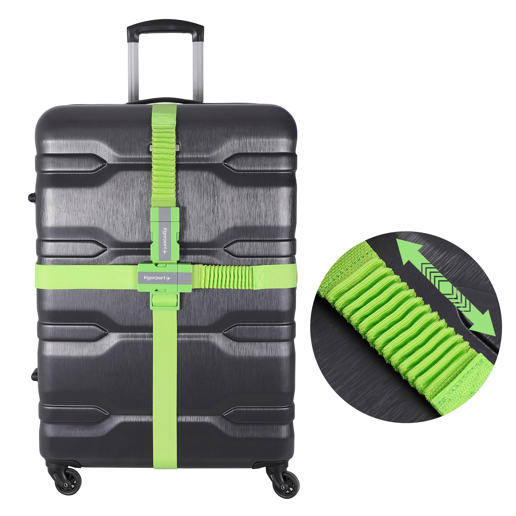 Vigorport Luggage Straps with Stretch Part, Green Suitcase Belt TSA Approved with Adjustable Quick-Release Buckle to Keep Your Suitcase Secure While Traveling