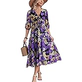 Kormei Women's Casual 3/4 Sleeve Summer Dress Boho Floral Print V Neck High Waist Long Party Beach Flowy Maxi Dresses