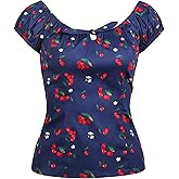 YARN & INK Women's Pinup Shirt 1950s Vintage Rockabilly Puff Sleeve BowBlouse Off Shoulder Tops