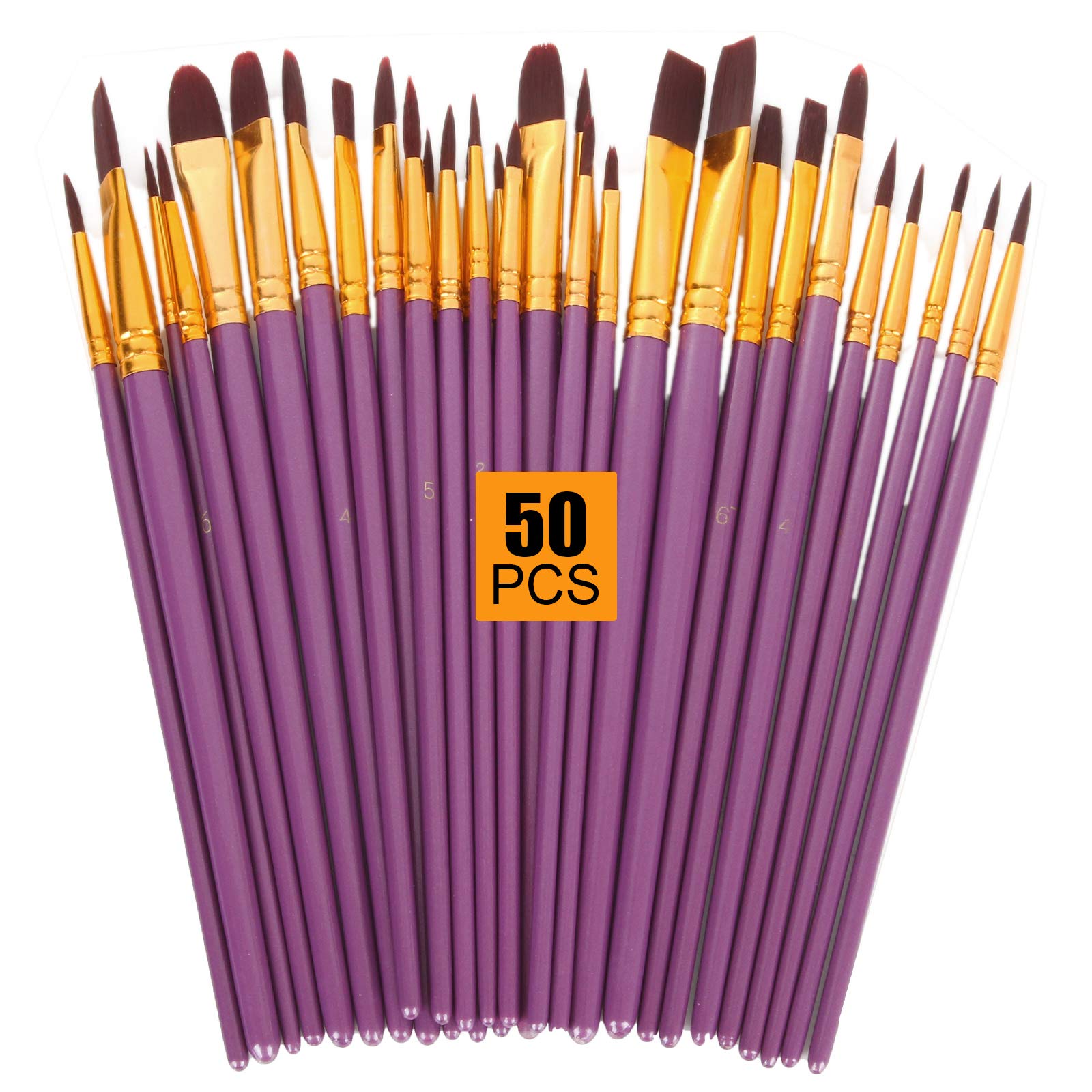 AHUNTTER 50 Pcs Artists Nylon Hair Small Art Paint Brushes Set for Oil Acrylic Watercolour Gouache Craft Face Painting, Perfect for Painting Canvas, Ceramic, Clay, Wood & Model - Purple