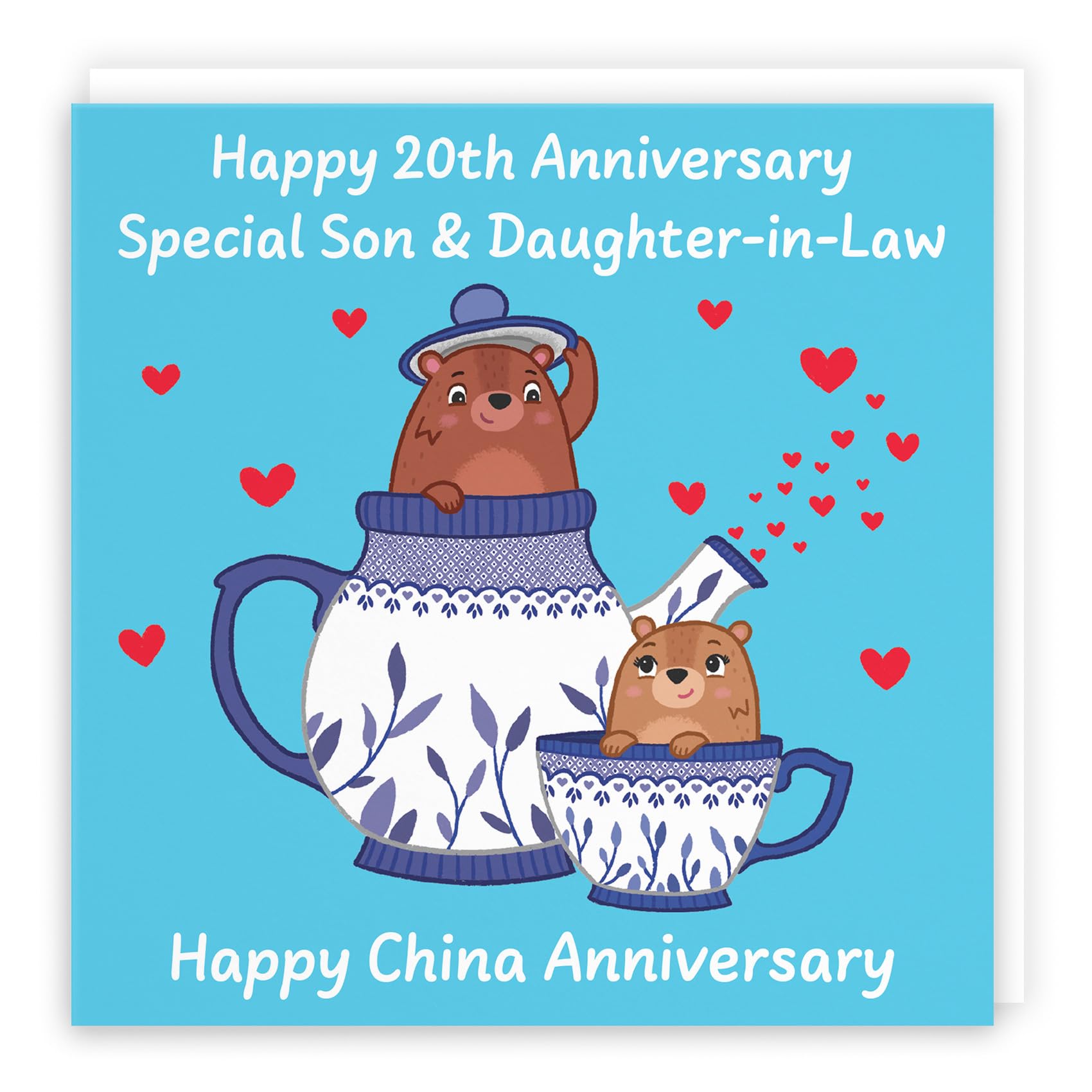 Hunts England - Son And Daughter In Law 20th Anniversary Card - China Anniversary - 20 Years - Cute Fun Bears Card For Son & Daughter-in-Law - Love Story Collection