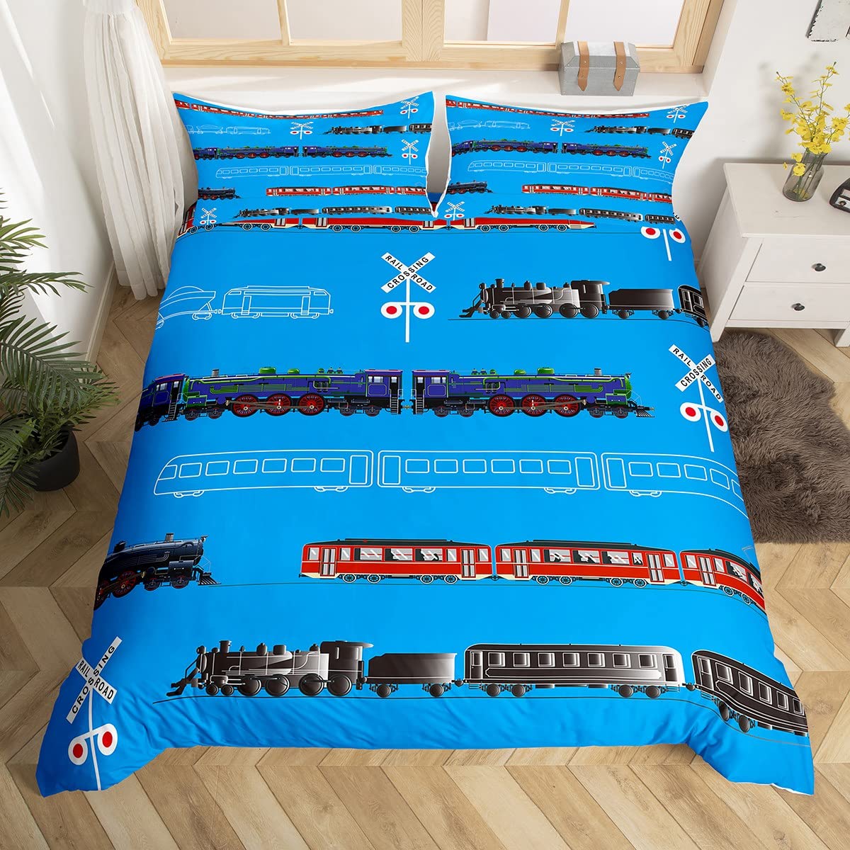 Loussiesd Train Kids Boys Duvet Cover Retro Steam Engine Toddler Bedding Set for Teens Railway Track Transport Comforter CoverRed Blue Black Quilt Cover Room 2Pcs Single Size,Zipper — image 1