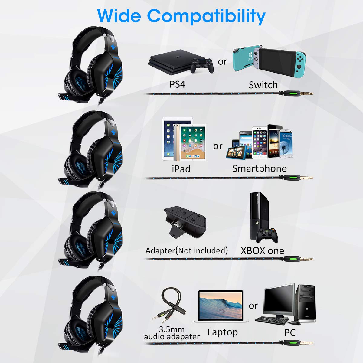 Gaming Headset, ELEGIANT Gaming Kopfhörer Bügelkopfhörer Over Ear Headphone LED Light Bass Stereo rein Surround Tonqualität 3.5MM Klinke mit drehbarem Mikrofon für Pro PS4 Xbox One Switch PC Computer Laptop Tablet Mac Handys Smartphone