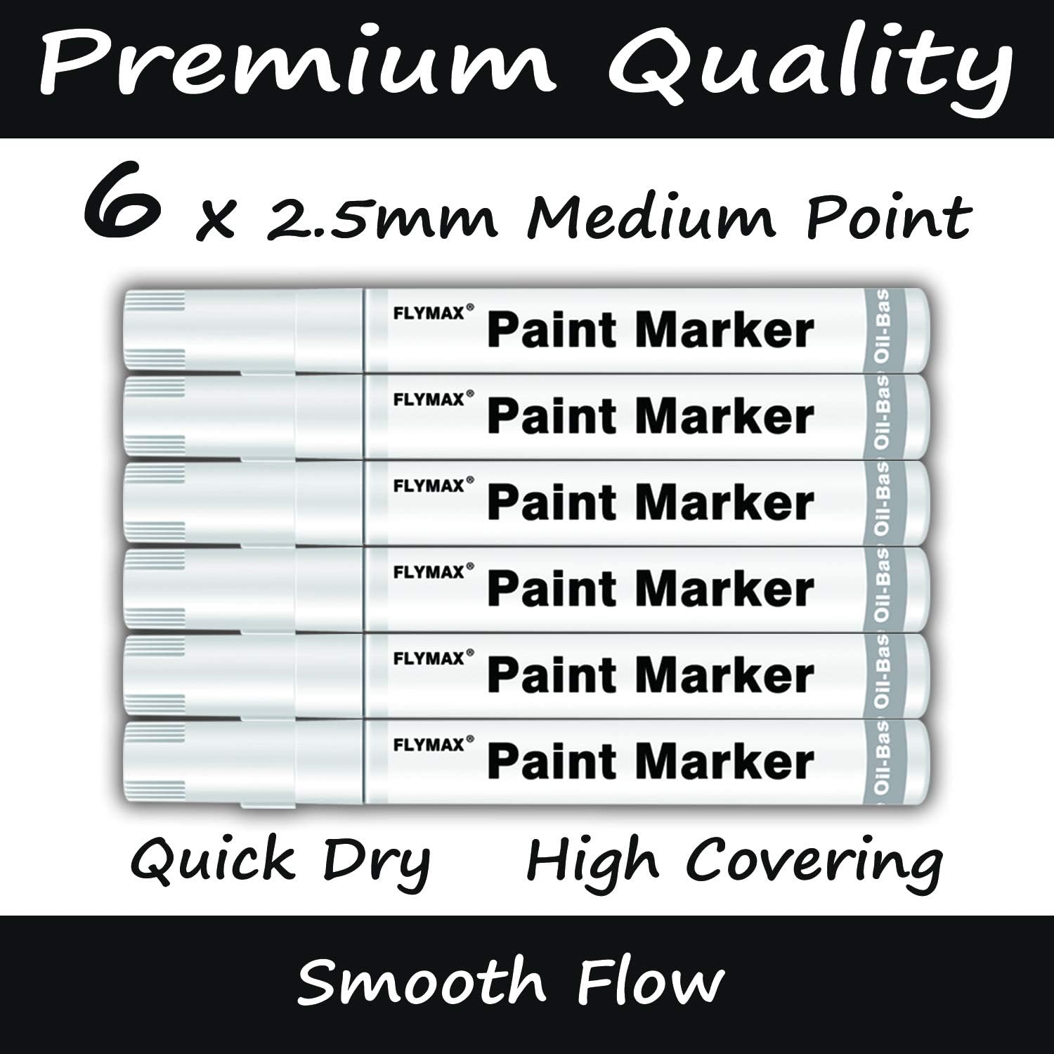 FLYMAX White Marker Paint Pens 2.5mm- Permanent Marker Pens White Paint Oil-Based Medium Tip Waterproof Quick-Drying (6 in 1Pack) - Image 3