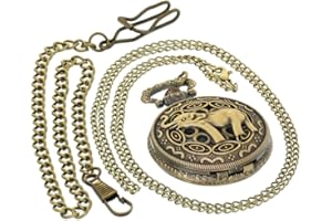 FOBTIME Bronze Vintage Brass Antique Case Pocket Watch Fob Watch for Men Women with 1 PC Necklace Chain 1 PC Clip Key Rib Chain