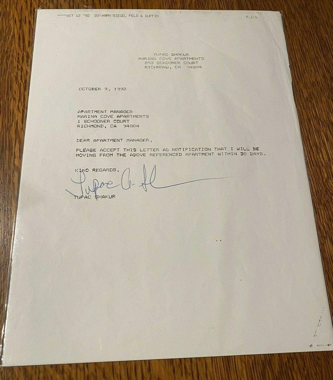 Tupac Shakur Autographed Signed 8.5x11 Letter JSA Loa 2pac