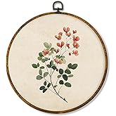 shiviody Vintage Floral Canvas Wall Art Decor, Neutral Botanical Red Flower Decor, Retro French Country Round Hanging Frame P